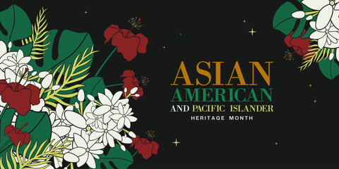 May is Asian American And Pacific Islander Heritage Month. Flowers, leaves and star. Great for posters, banners, social media and more. Black background.  © juandy