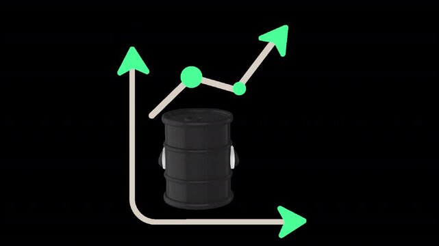 Crude oil price inflation animated icon with rising chart and barrel. 8 second smooth animation with transparent background, ideal for energy crisis, oil market trends, and economic visuals.