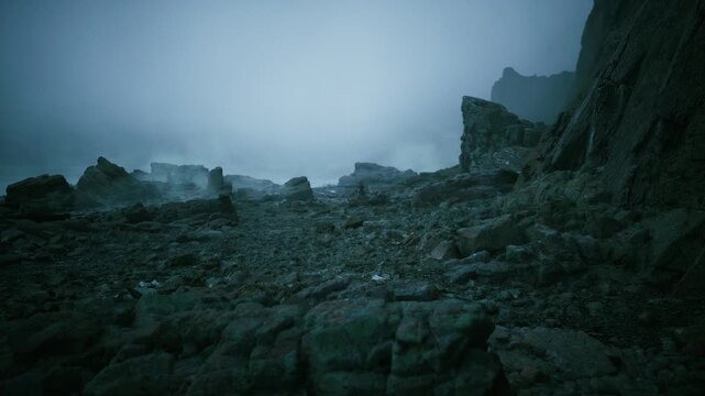 tidal inlet at twilight, pebbled pools and damp rock with subtle blue light marine biologist studies habitat details, examines algae and tide pools in quiet