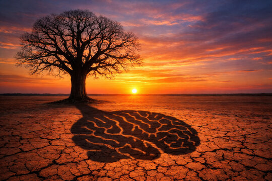 Creative concept photo of a bare tree casting a human brain-shaped shadow on dry, cracked desert ground under a dramatic sunset sky, symbolizing growth, thought, and environmental change.