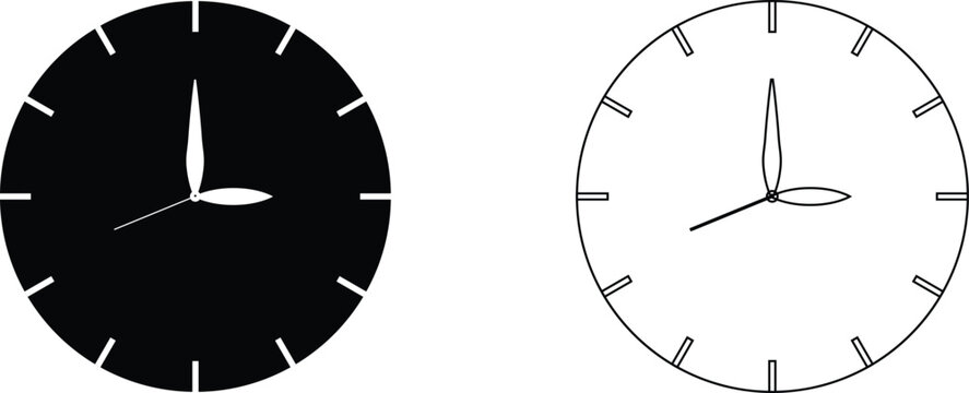 Minimalist black and white analog clock faces showing time isolated on neutral background design concept