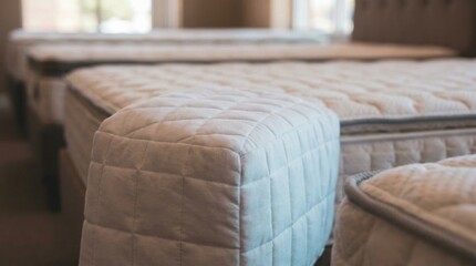 Fototapeta premium Row of white mattresses in a furniture showroom for retail marketing and consumer sales featuring soft upholstery textures and warm natural light in a store display
