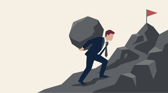 Businessman carrying a large boulder uphill on rocky terrain symbolizing overcoming challenges and striving for success