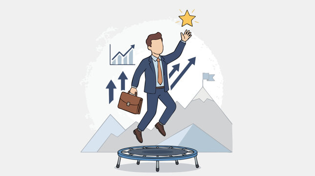 Businessman in a suit jumping on a trampoline with a briefcase, reaching for a star above a mountain of growth charts and arrows, symbolizing success and achievement