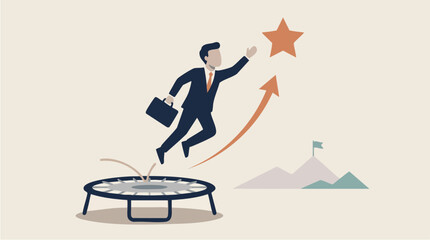 Obraz premium Businessman Jumping on Mini Trampoline Towards Star with Upward Arrow, Symbolizing Success and Growth, in a Motivational Concept Illustration