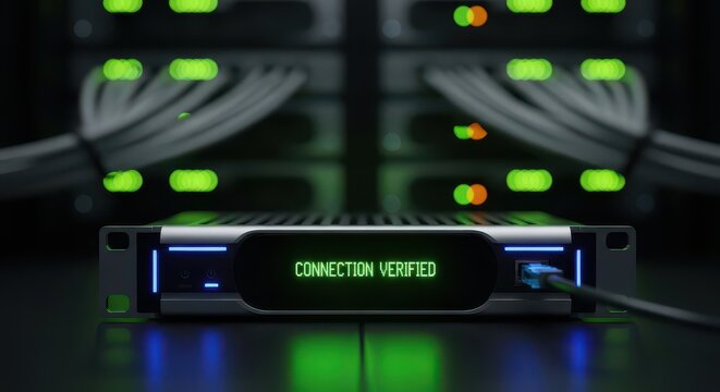 A close-up shot of a server rack with "Connection Verified" displayed on its screen, indicating successful network operation.