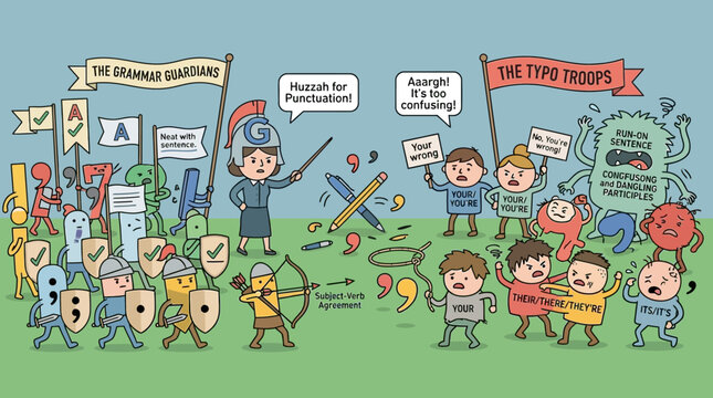 Cartoon battle between grammar and punctuation characters.