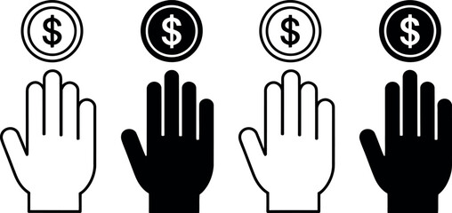 Obraz premium Four hands with coins and dollar signs