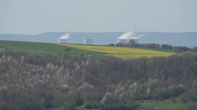 Chooz Nuclear Power Plant in France cooling towers, Europe sustainable energy generating