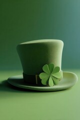 Fototapeta premium Green leprechaun top hat with four-leaf clover for St. Patrick's Day celebration and luck concept