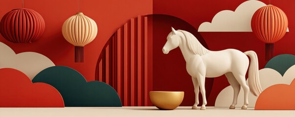 Fototapeta premium Elegant Chinese New Year horse scene with red lanterns and decorative clouds in 3D