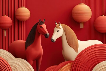 Fototapeta premium Two stylized horses with lanterns in red celebration scene for Chinese New Year greeting