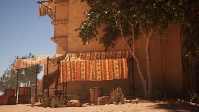 shaded roadside rug display by adobe wall, colorful textiles hanging from awning, woven baskets and crates on sand, sundappled corner, authentic boho market