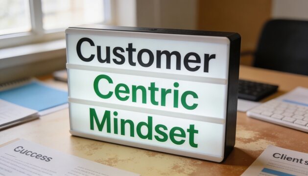 Customer Centric Mindset text displayed on a lightbox sitting on a modern office desk for business marketing, consumer focus, and professional success concepts
