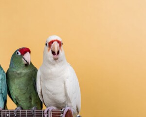Fototapeta premium Colorful parrots perched on a guitar neck against a yellow background with copy space for musical branding, pet store advertising, and creative concert promotion