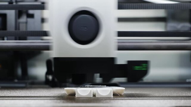 Macro timelapse of a 3D printer head rapidly building a toy with visible motion blur from slow shutter capturing the precision and speed of additive manufacturing