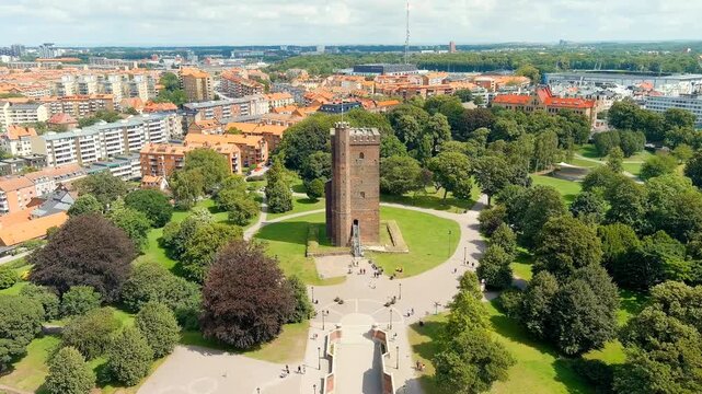 Helsingborg, Sweden. Karnan - Surviving 35-meter tower of a medieval castle. Summer day. Cloudy weather. Drone footage