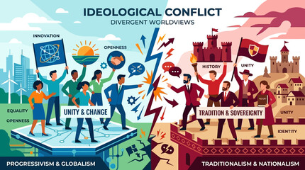 Fototapeta premium Ideological Conflict Divergent Worldviews People Divided.