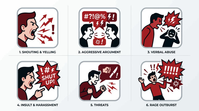 Illustrations depicting various forms of verbal abuse and conflict.