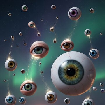 Multiple eyes floating in space surreal.