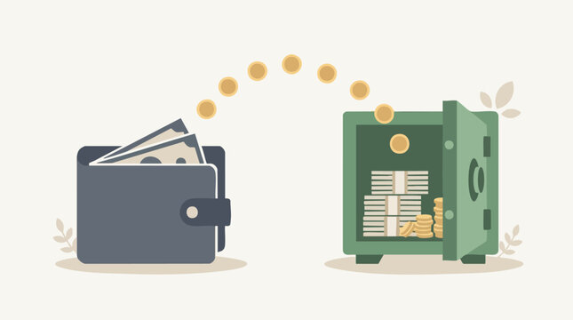 Wallet and safe filled with money representing financial security and savings concepts