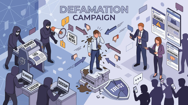 Isometric illustration of a man experiencing a defamation campaign.