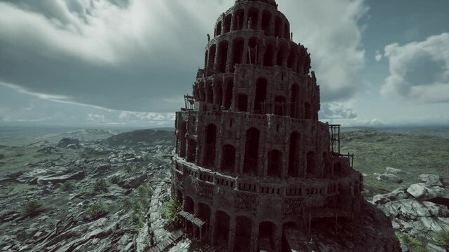 tower relic stands under turbulent sky, apocalyptic tiers and ruined arches overlook ravaged plain, swirling clouds and harsh light create foreboding cinematic