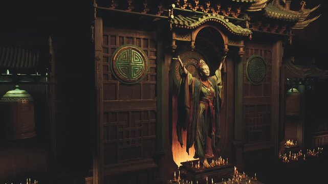 candlelit altar with offerings and central statue, soft flames arranged around carved shrine create intimate devotional scene with warm tones and subtle incense