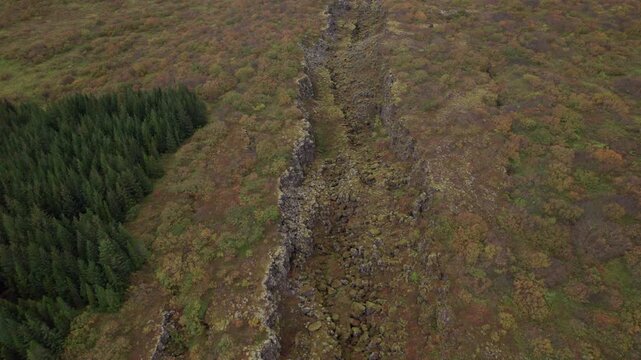 Hrafnagja Basalt canyon in central Iceland, tectonic plates meeting, fault line, High aerial push in