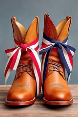 Fototapeta premium Patriotic cowboy boots with red, white and blue ribbons tied in bows on wooden floor