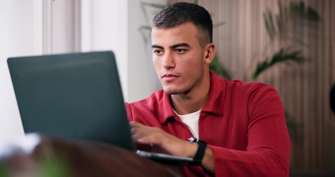 Remote work, review or man in house with laptop, draft edit or source feedback for article. WFH, reading or journalist on couch with technology, fact check or industry research for online publication