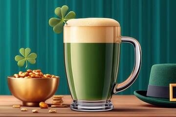 Fototapeta premium St. Patrick's Day green beer with leprechaun hat, shamrocks and gold coins on wooden table