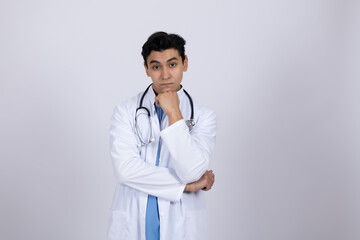 Fototapeta premium Male doctor in white coat with stethoscope on neck