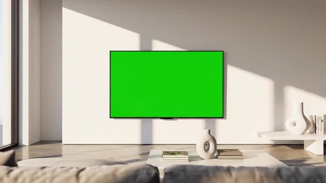 Sleek modern living room interior design with a large green screen television mounted on a clean white wall, ideal for digital content insertion and home entertainment mockups