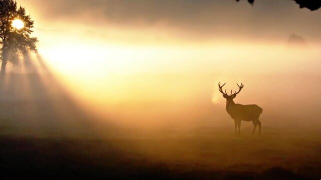 AI Generated Cinematic Animal Silhouette In Soft Sunrise Fog With Warm Light Rays Minimal Nature Background 4K Loop