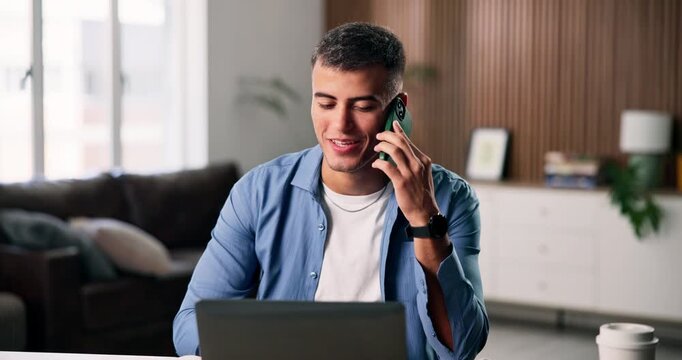 Phone call, talking or man with laptop for remote work, site feedback or homepage optimization plan. Home, web traffic growth or seo specialist with tech for smile, freelancer or explain backlinks