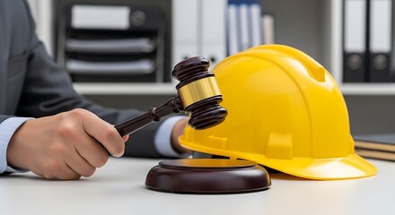 Fototapeta premium Hand holding gavel on yellow hard hat on desk in office setting