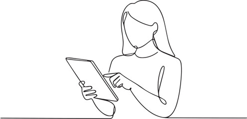 Minimal Line Art Illustration of Woman Using Tablet – Simple Outline Character Design  © Said