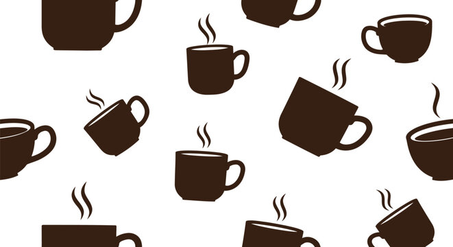 Seamless Coffee Cup Vector Pattern with Steaming Mugs for Cafe and Kitchen Decor