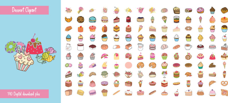 Hand drawn cartoon dessert vector set featuring cupcakes cookies and cherry pie slice in cute colorful bakery illustration style