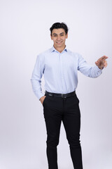 Fototapeta premium Confident businessman pointing finger to the side