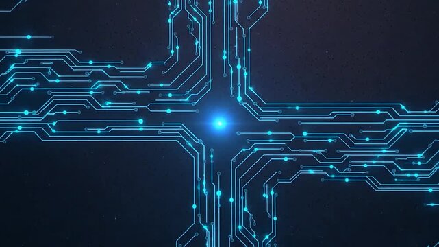Abstract digital circuit board with glowing blue lines and nodes