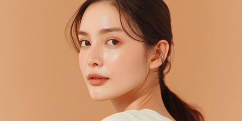 Obraz premium 美容, 女性, スキンケア, 化粧品, ビューティー, 若い女性, 美肌, 日本人, アジア人, フェイシャル, メイク, 美容液, 保湿, クリーム, エイジングケア, 美容医療, エステ, 美容クリニック, 肌ケア, ナチュラルメイク, 透明感, ツヤ肌, モデル, 笑顔, ポートレート, クローズアップ, リラックス, 癒し, 健康的, 美白, コラーゲン, ヒアルロン酸, アンチエイジング