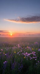 Obraz premium Sunset over a field of flowers.