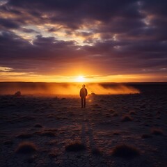 Fototapeta premium Solitary figure observing a dramatic sunset in a barren, dusty landscape
