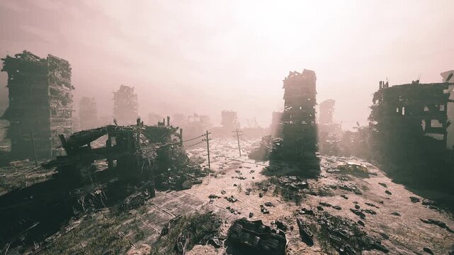 Two figures trekking through sunlit ruins along overgrown path, warm sunrise glow and long shadows, companions sharing steady pace while scouting for salvage,