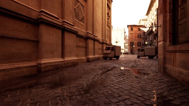 sunlit cobblestone lane with parked van soft golden light and wet patches reflecting architecture quiet logistics scene textured stones and shallow puddles
