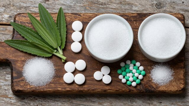 Various natural and artificial sweeteners displayed on a rustic wooden cutting board.