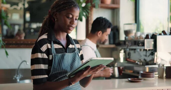 People, barista and team with tablet in cafe for small business management or customer service. Man, woman or waitress with technology for online order or schedule for hospitality in coffee shop