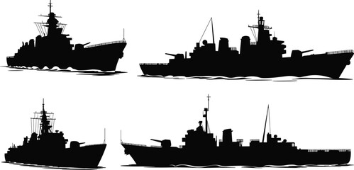 Five black silhouette naval warships on a white background with wavy water lines battleships © Hey world